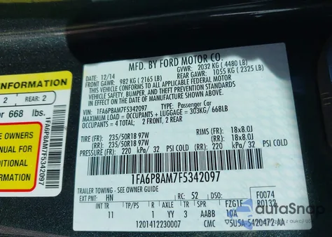 2015 Ford Mustang V6 из США, поврежденный, VIN 1FA6P8AM7F5342097